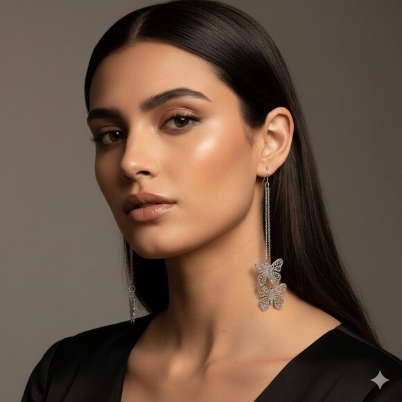 Silver Butterfly Dangle Earrings - Picture 4 of 5